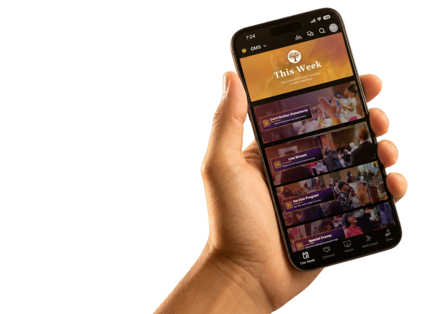 Hand holding a phone showing a custom Subsplash church app