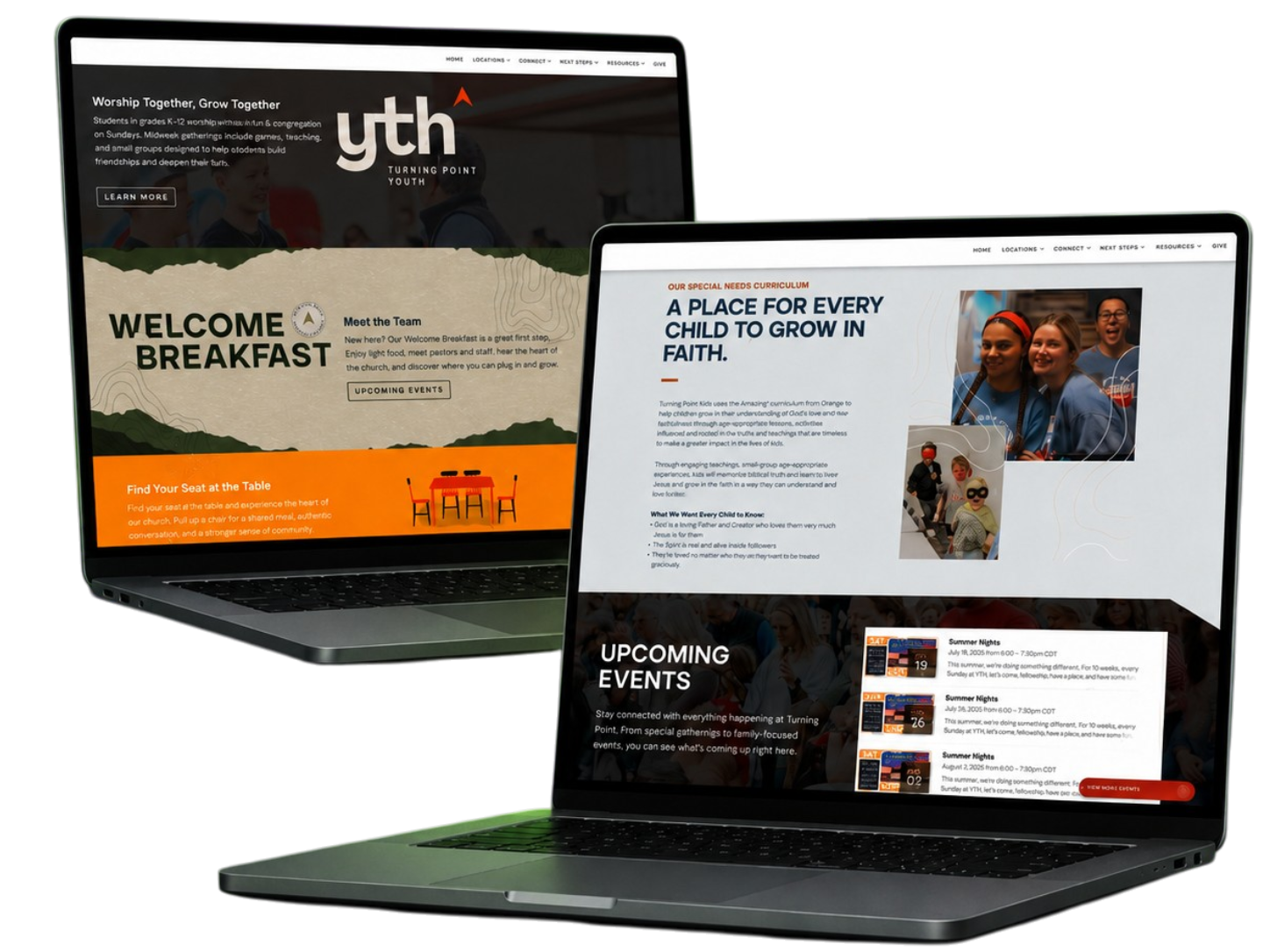 Two laptops side by side showing the Turning Point church website